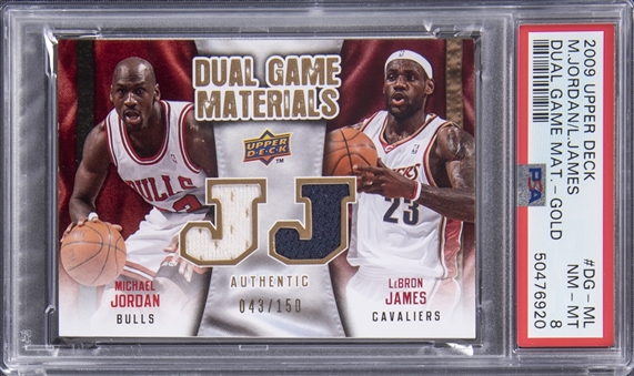 2009-10 Upper Deck Dual Game Materials #DG-ML Michael Jordan & LeBron James Dual Game Worn Jersey Swatch (#044/150) - PSA NM-MT 8